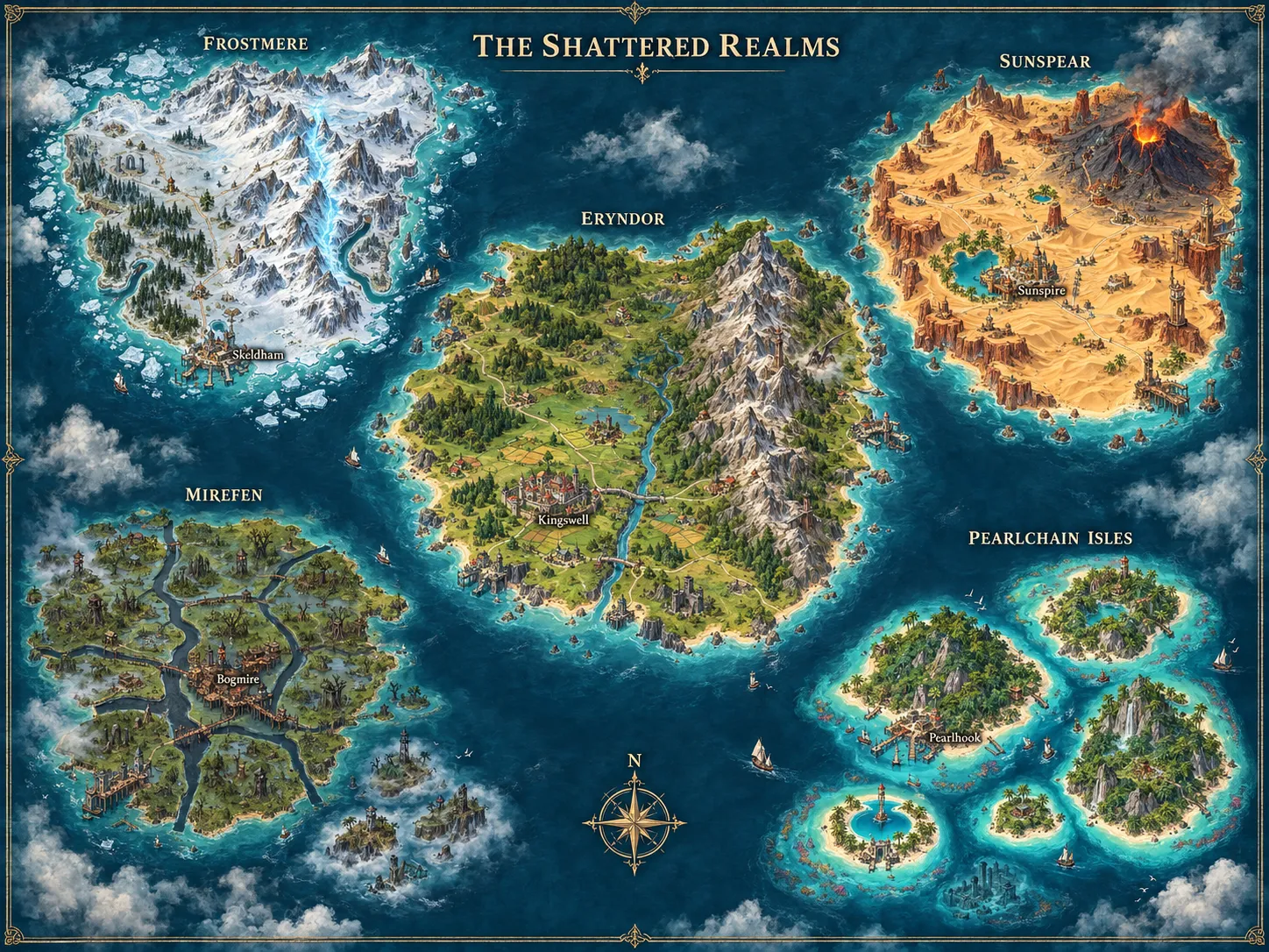 Map of The Shattered Realms: Frostmere, Eryndor, Sunspear, Mirefen and the Pearlchain Isles